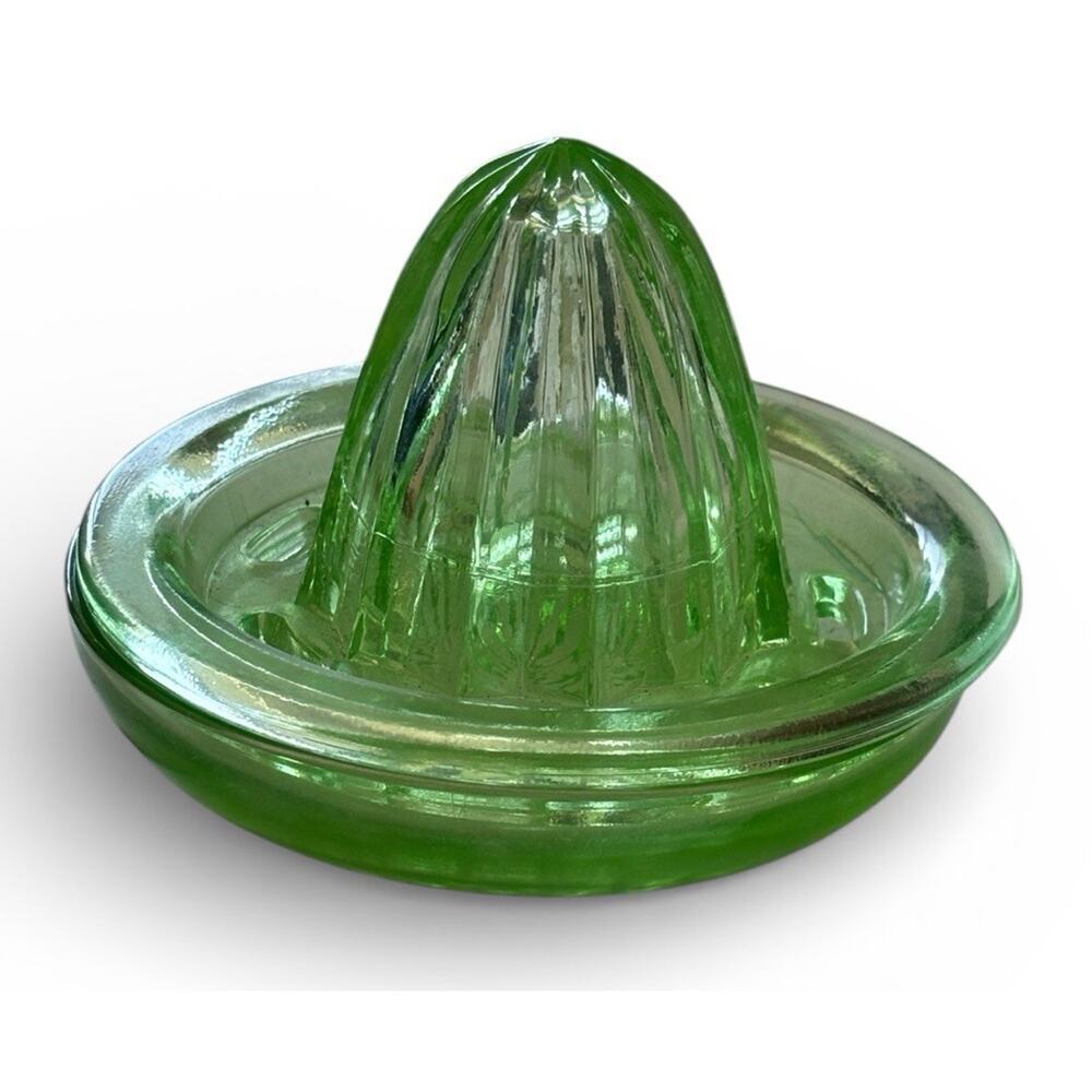 Uranium Glass Depression Glass Juicer Reamer Vintage 2 Piece Great Glow! - Picture 3 of 9